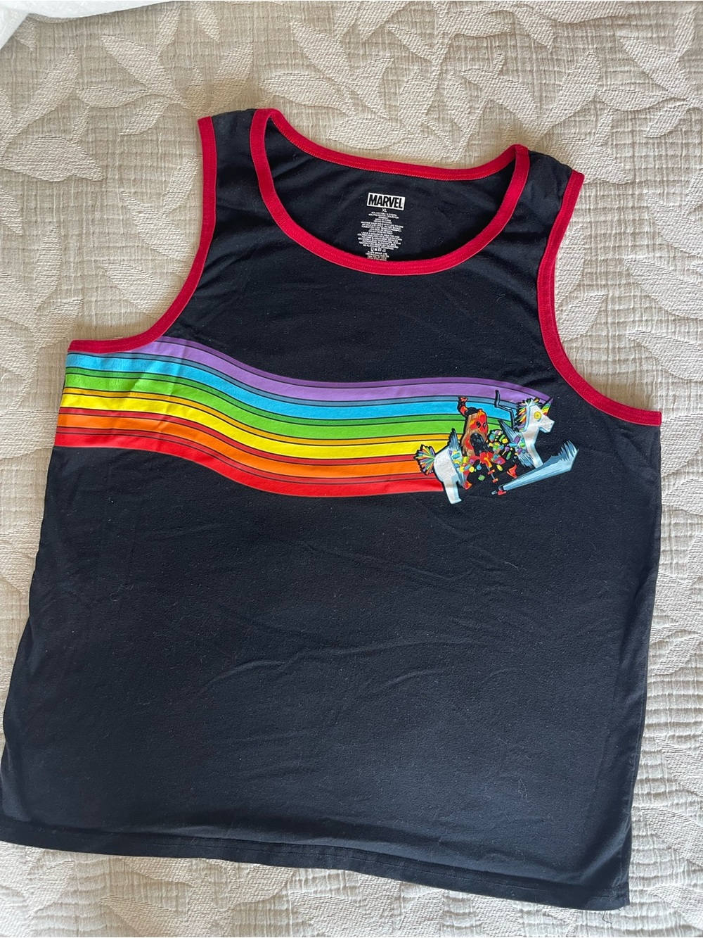 Marvel Black Tank Top with Rainbow Stripes and Red Trim